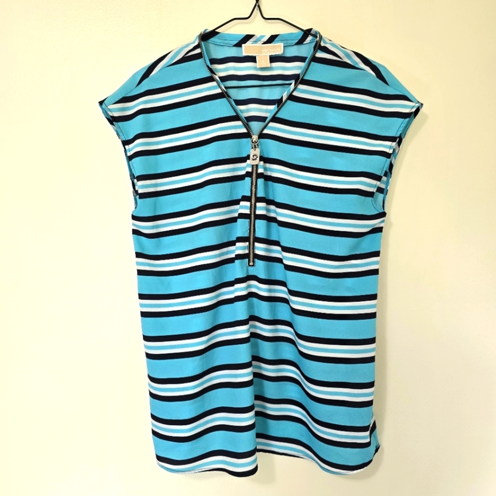 Michael Kors Womens Torquoise Navy Stripe Sleeveless Blouse/Top Zipper Size M